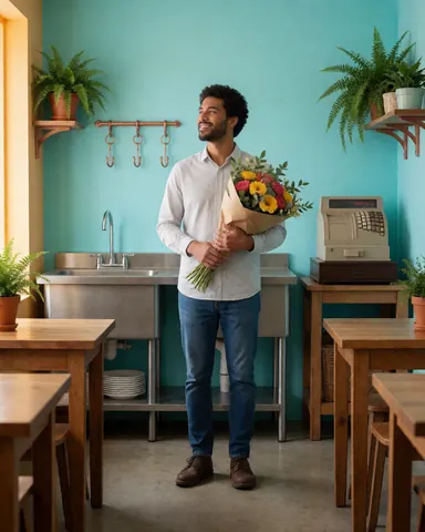 Une cliente heureuse tient un beau bouquet de fleurs dans une fleuristerie aux murs turquoise, avec une caisse enregistreuse vintage et une décoration chaleureuse.