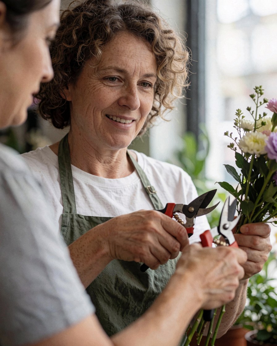 Une fleuriste souriante utilise des ciseaux pour réaliser un arrangement floral dans une boutique éclairée par la lumière naturelle d'une fenêtre.