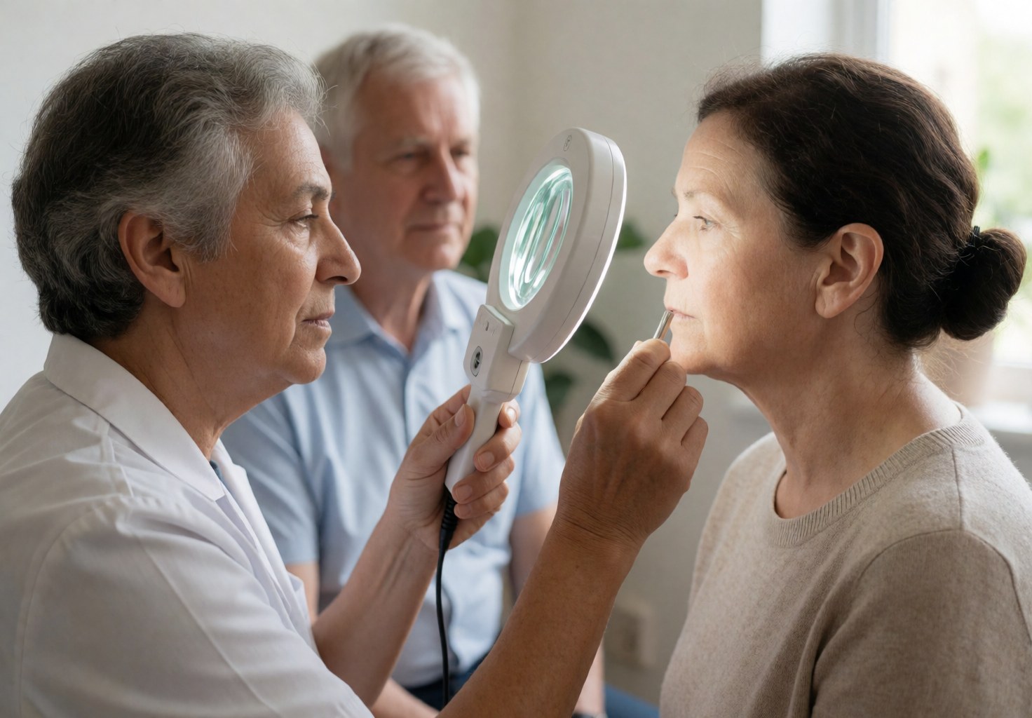 Une esthéticienne examine attentivement la peau d'une cliente à l'aide d'une loupe grossissante dans un cadre clinique professionnel et lumineux.