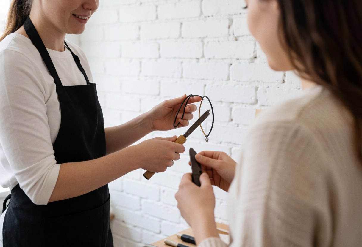 Une vendeuse montre des bijoux et des accessoires à un client dans une boutique avec un mur en briques blanches et une lumière naturelle.