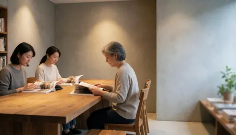 Trois femmes assises à une table en bois lisent des magazines dans une librairie moderne aux murs de béton, éclairage chaleureux et plantes vertes.