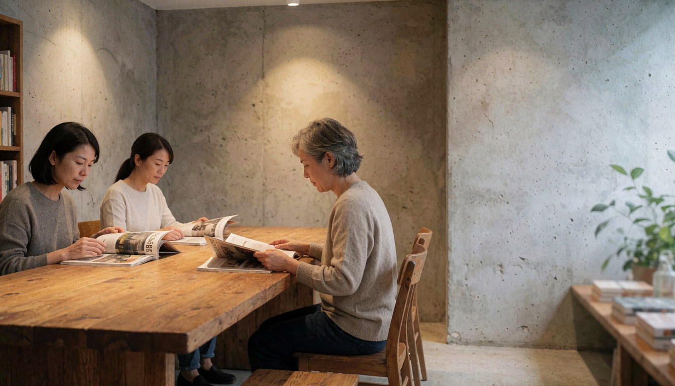 Trois femmes assises à une table en bois lisent des magazines dans une librairie moderne aux murs de béton, éclairage chaleureux et plantes vertes.