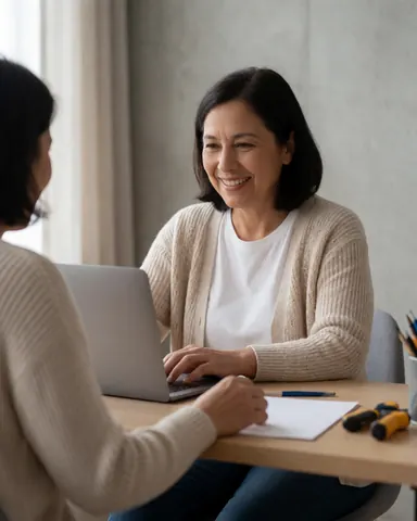 Une femme heureuse travaille sur son ordinateur portable à une table en bois dans un bureau à domicile avec lumière naturelle.