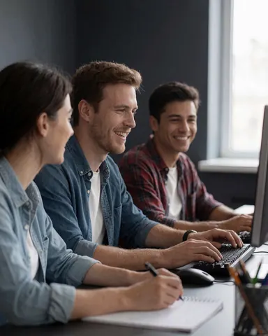Trois jeunes développeurs travaillant ensemble sur un ordinateur dans un bureau moderne, souriant et riant en programmant, baignés de lumière naturelle venant d'une fenêtre.