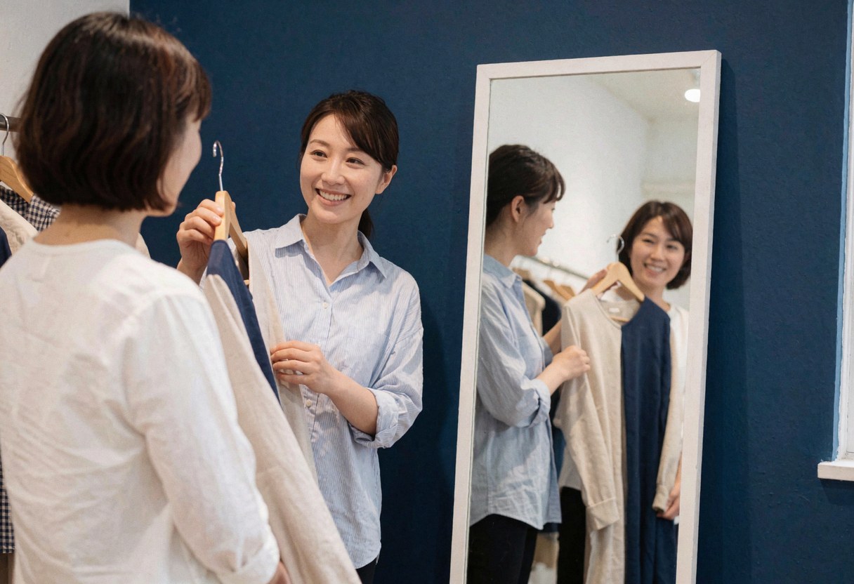 Une styliste montre une blouse à une cliente souriante devant un miroir dans une boutique, sur fond bleu avec lumière naturelle.