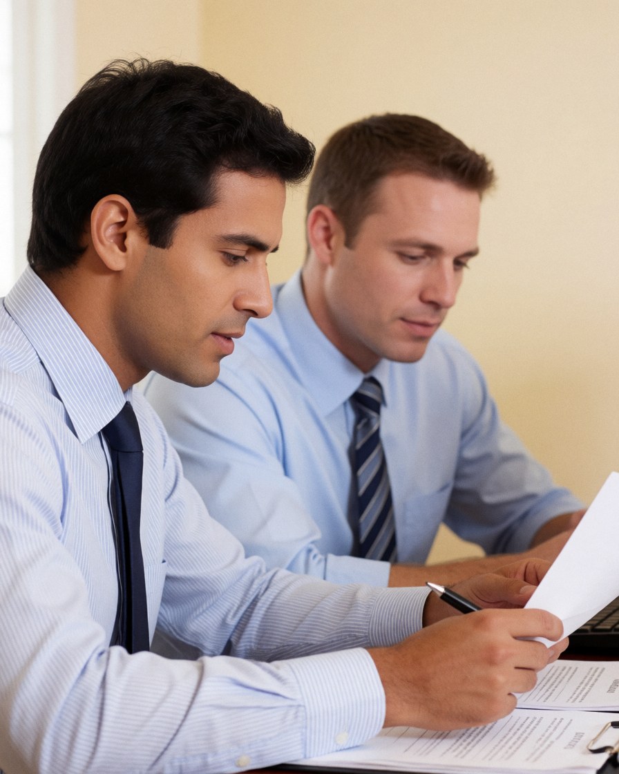 Deux collègues masculins analysent ensemble des papiers professionnels au bureau, l'un tenant un stylo et l'autre une feuille, sur fond beige.
