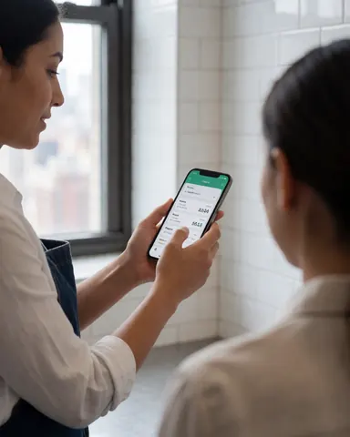 Une femme consulte son compte via une application mobile avec une vue urbaine en arrière-plan.