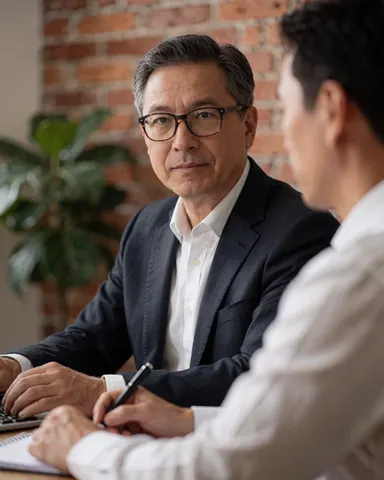 Conseiller financier en costume et lunettes, assis devant un ordinateur, discutant avec un client qui prend des notes dans un carnet, dans un bureau avec mur en briques et plantes.