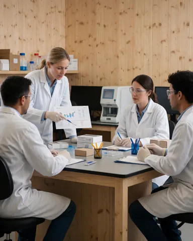 Trois techniciens en laboratoire clinique analysant un graphique de données sur une table, avec du matériel et des ordinateurs en arrière-plan.