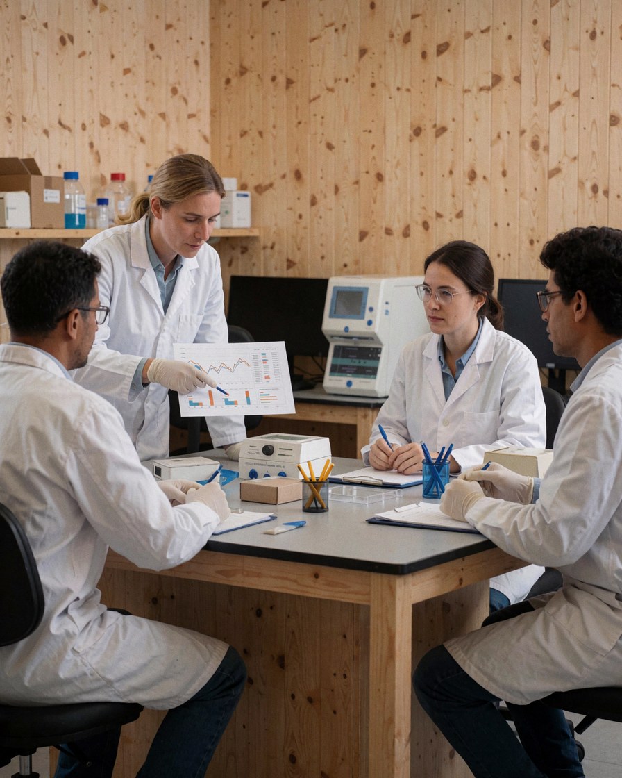Trois techniciens en laboratoire clinique analysant un graphique de données sur une table, avec du matériel et des ordinateurs en arrière-plan.