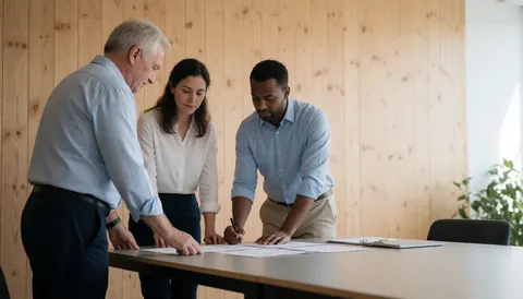Trois professionnels examinent des papiers sur une table en bois dans un bureau moderne éclairé par la lumière naturelle, favorisant le travail collaboratif.