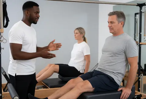 Un instructeur masculin explique un exercice à un client sur une machine reformer dans un gymnase moderne, tandis qu'une femme observe en arrière-plan.