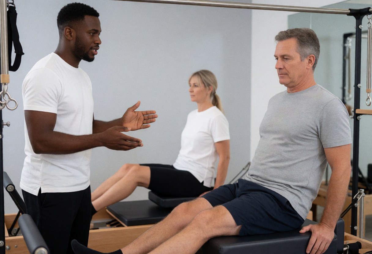 Un instructeur masculin explique un exercice à un client sur une machine reformer dans un gymnase moderne, tandis qu'une femme observe en arrière-plan.