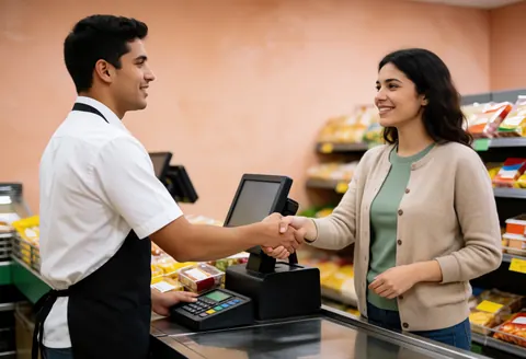 Un caissier et un client sourient et se serrent la main à la caisse du magasin, avec un produit visible sur le comptoir.