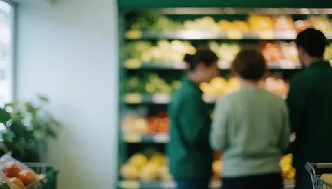 Vue arrière-plan floue des allées d'un magasin d'alimentation générale avec des étagères remplies de produits et de denrées alimentaires.