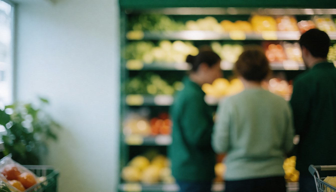 Vue arrière-plan floue des allées d'un magasin d'alimentation générale avec des étagères remplies de produits et de denrées alimentaires.