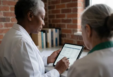Une femme professionnelle examine des informations sur une tablette numérique en présence d'une patiente dans un bureau.