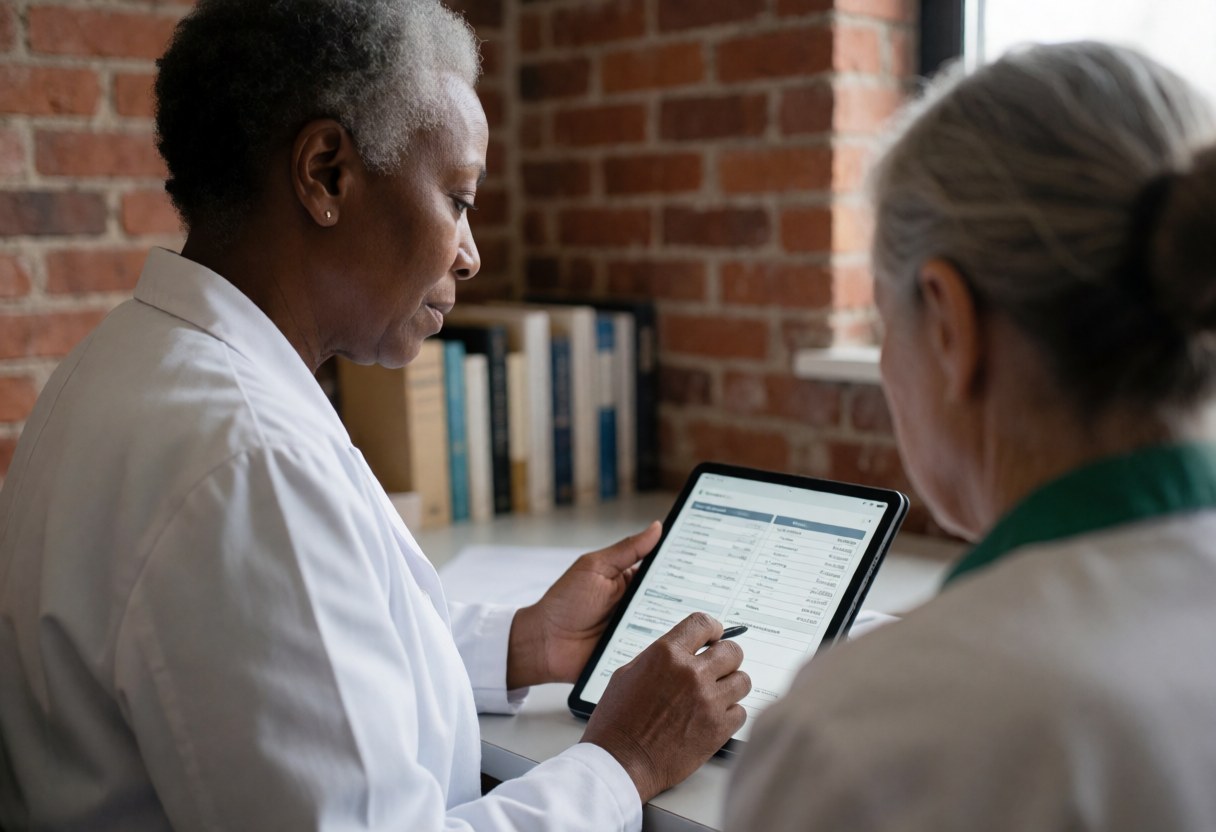 Une femme professionnelle examine des informations sur une tablette numérique en présence d'une patiente dans un bureau.