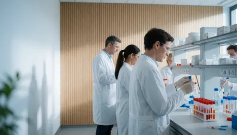 Des experts en laboratoire moderne travaillent avec des équipements d'analyse et des tubes à essai dans un environnement professionnel lumineux aux murs en bois.
