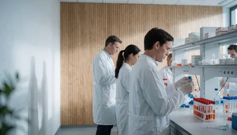 Des experts en laboratoire moderne travaillent avec des équipements d'analyse et des tubes à essai dans un environnement professionnel lumineux aux murs en bois.