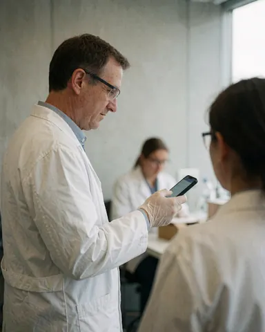 Un professionnel en blouse, gants et lunettes examine des données sur un smartphone dans un laboratoire moderne et lumineux.