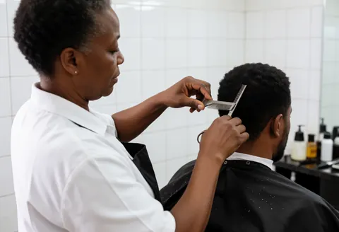 Un barbier professionnel coupe les cheveux d'un client avec des ciseaux et un peigne dans un salon aux murs de carreaux blancs.