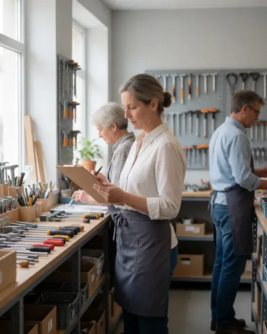 Une femme adulte travaille dans une quincaillerie, tenant un tableau et un stylo, avec des outils organisés sur des étagères et une lumière naturelle entrant par les fenêtres.