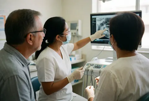 Un dentiste en tenue professionnelle montre et explique des images radiographiques à un patient assis dans le cabinet.
