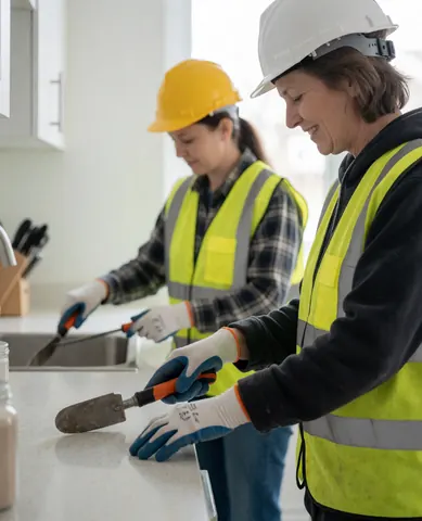 Deux ouvrières en casques et gilets jaunes posent avec des outils tout en installant un plan de travail dans une cuisine en rénovation.