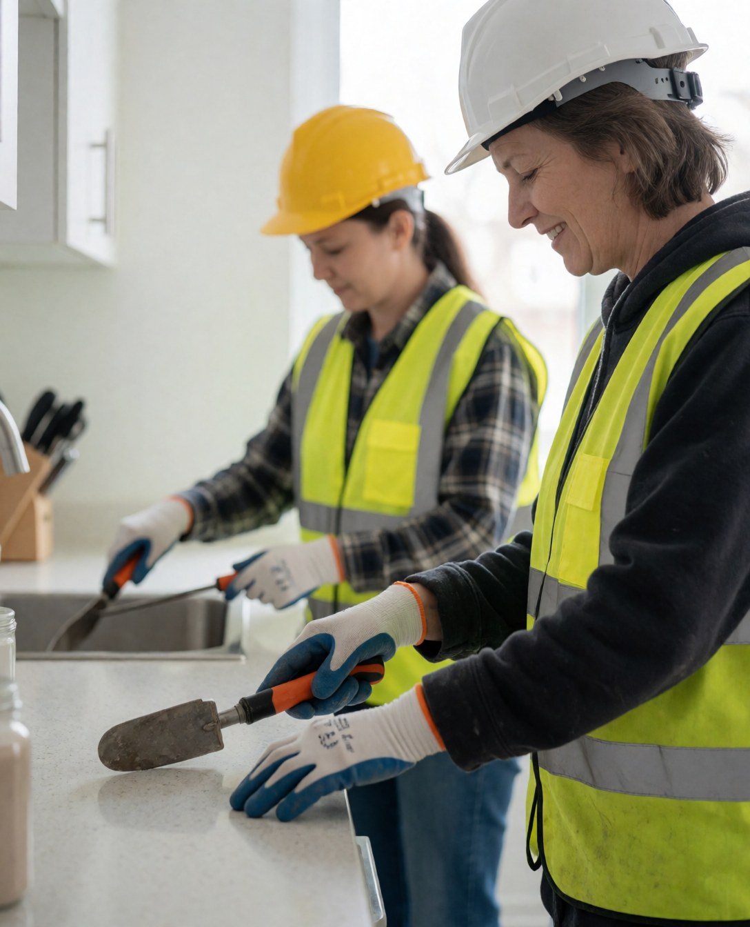 Deux ouvrières en casques et gilets jaunes posent avec des outils tout en installant un plan de travail dans une cuisine en rénovation.