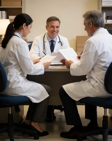 Trois médecins assis à un bureau dans une clinique consultent des dossiers. L'un sourit, l'autre écrit, le troisième observe les papiers, équipés de stéthoscopes.