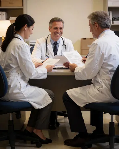 Trois médecins assis à un bureau dans une clinique consultent des dossiers. L'un sourit, l'autre écrit, le troisième observe les papiers, équipés de stéthoscopes.