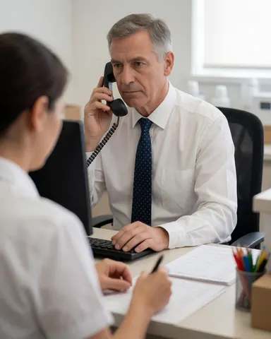 Une réceptionniste de clinique médicale discute au téléphone pendant qu'une autre personne écrit sur un papier. Le bureau comprend un ordinateur, un stylo et du papier.