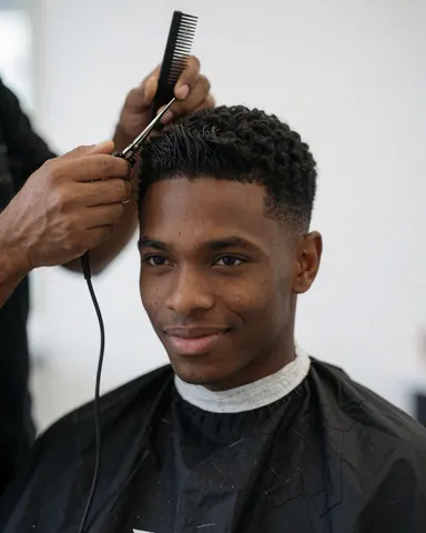 Un barbier utilise des ciseaux et une peigne pour couper les cheveux d'un jeune client souriant dans un salon moderne éclairé.