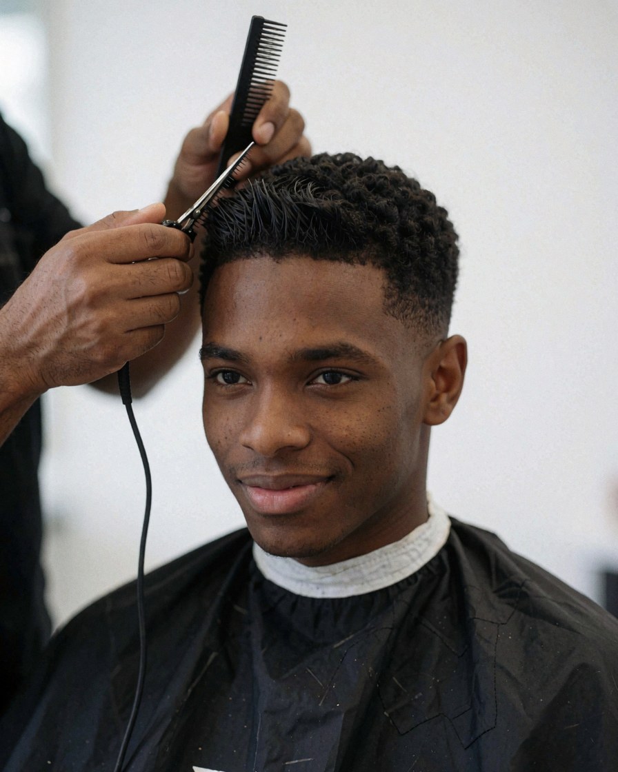 Un barbier utilise des ciseaux et une peigne pour couper les cheveux d'un jeune client souriant dans un salon moderne éclairé.