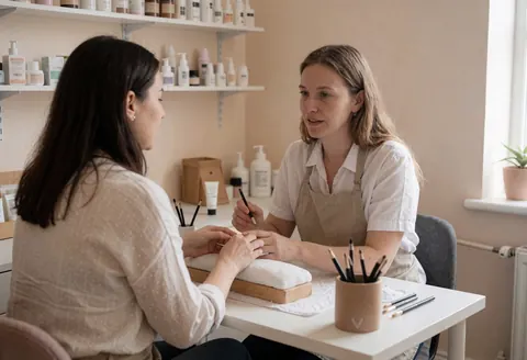 Une artiste en nail art avec un tablier explique un modèle à une cliente assise à une table de manucure, entourée de produits et éclairée par la lumière naturelle.