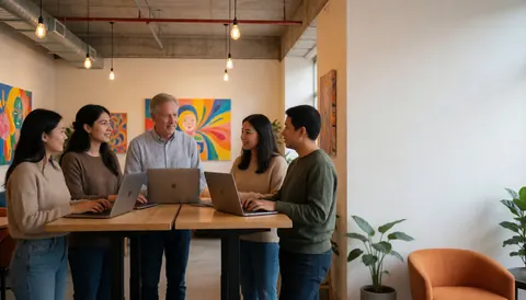 Cinq personnes utilisant des ordinateurs portables dans un espace de coworking moderne décoré d'art vibrant et de luminaires industriels suspendus.