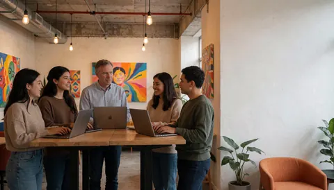 Cinq personnes utilisant des ordinateurs portables dans un espace de coworking moderne décoré d'art vibrant et de luminaires industriels suspendus.