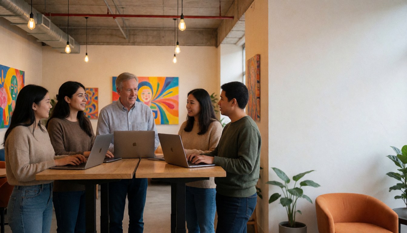 Cinq personnes utilisant des ordinateurs portables dans un espace de coworking moderne décoré d'art vibrant et de luminaires industriels suspendus.
