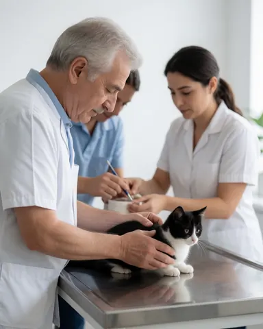 Un vétérinaire examine un chat noir et blanc sur une table d'examen métallique dans une clinique moderne, avec une assistante en arrière-plan.
