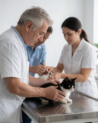 Un vétérinaire examine un chat noir et blanc sur une table d'examen métallique dans une clinique moderne, avec une assistante en arrière-plan.