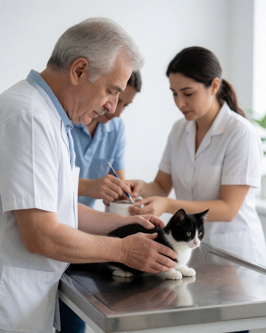 Un vétérinaire examine un chat noir et blanc sur une table d'examen métallique dans une clinique moderne, avec une assistante en arrière-plan.