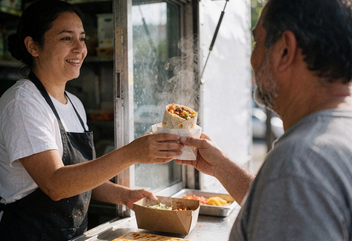 Une vendeuse de street food sert un burrito fumant à un client depuis son camion. L'interaction est chaleureuse, avec un fond flou et une lumière naturelle.