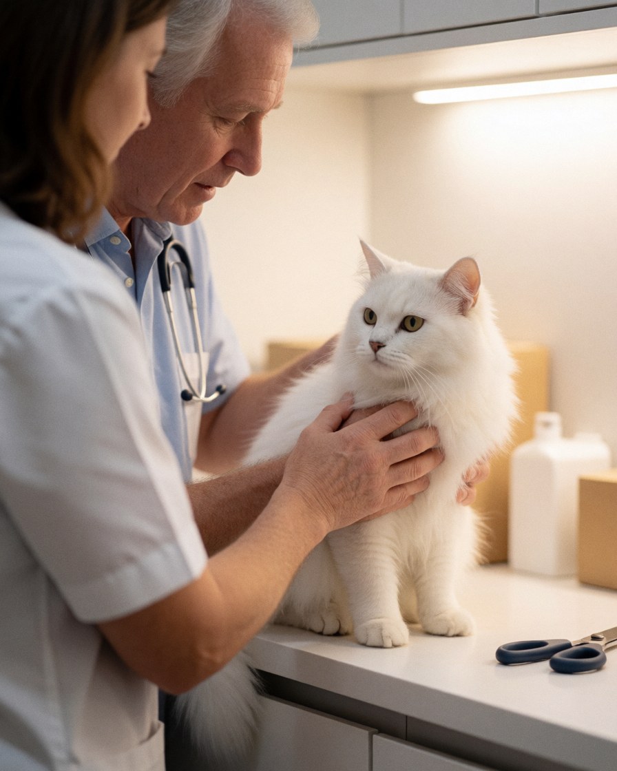 Un vétérinaire examine un chat blanc sur une table blanche, accompagné d'une assistante. Scène professionnelle, propre et bien éclairée.