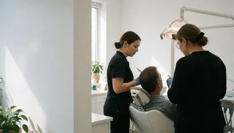 Une dentiste et une hygiéniste prennent soin d'un patient assis sur une chaise dentaire dans un cabinet lumineux aux murs blancs.