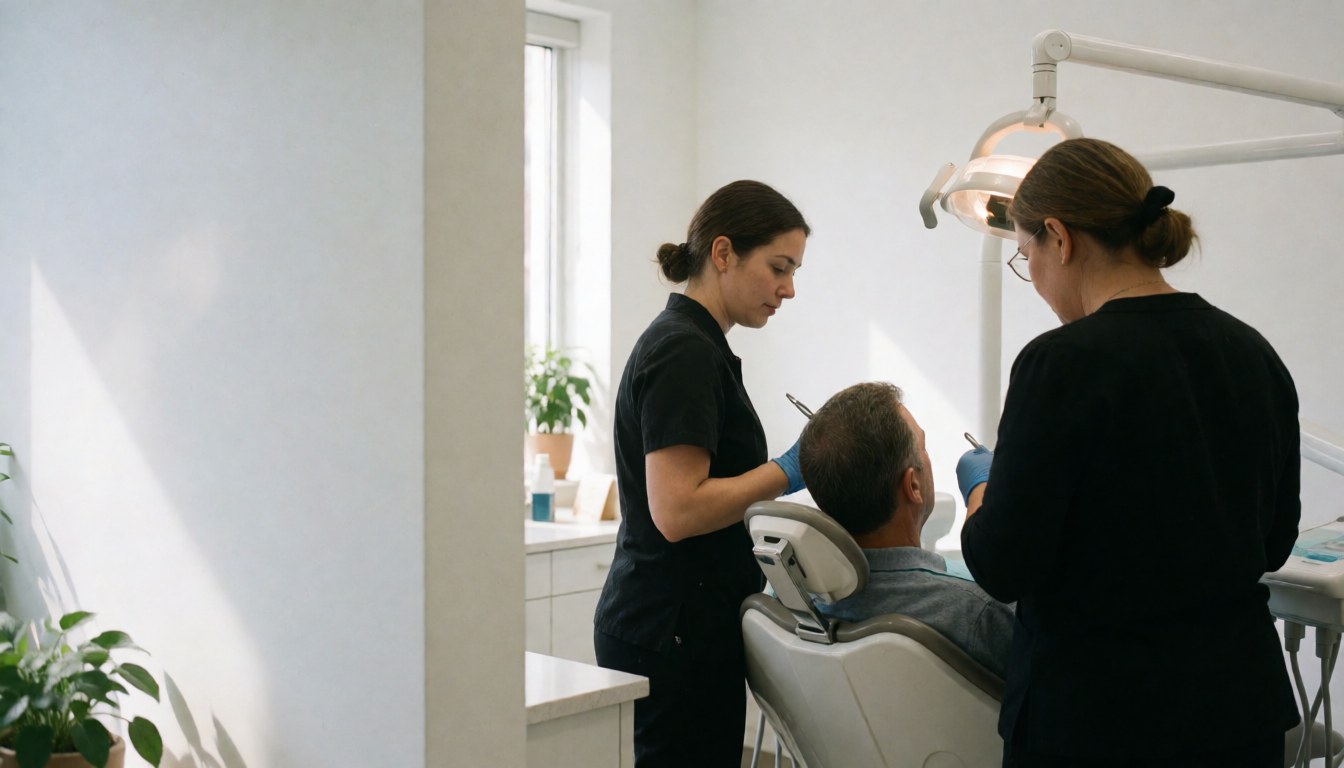 Une dentiste et une hygiéniste prennent soin d'un patient assis sur une chaise dentaire dans un cabinet lumineux aux murs blancs.
