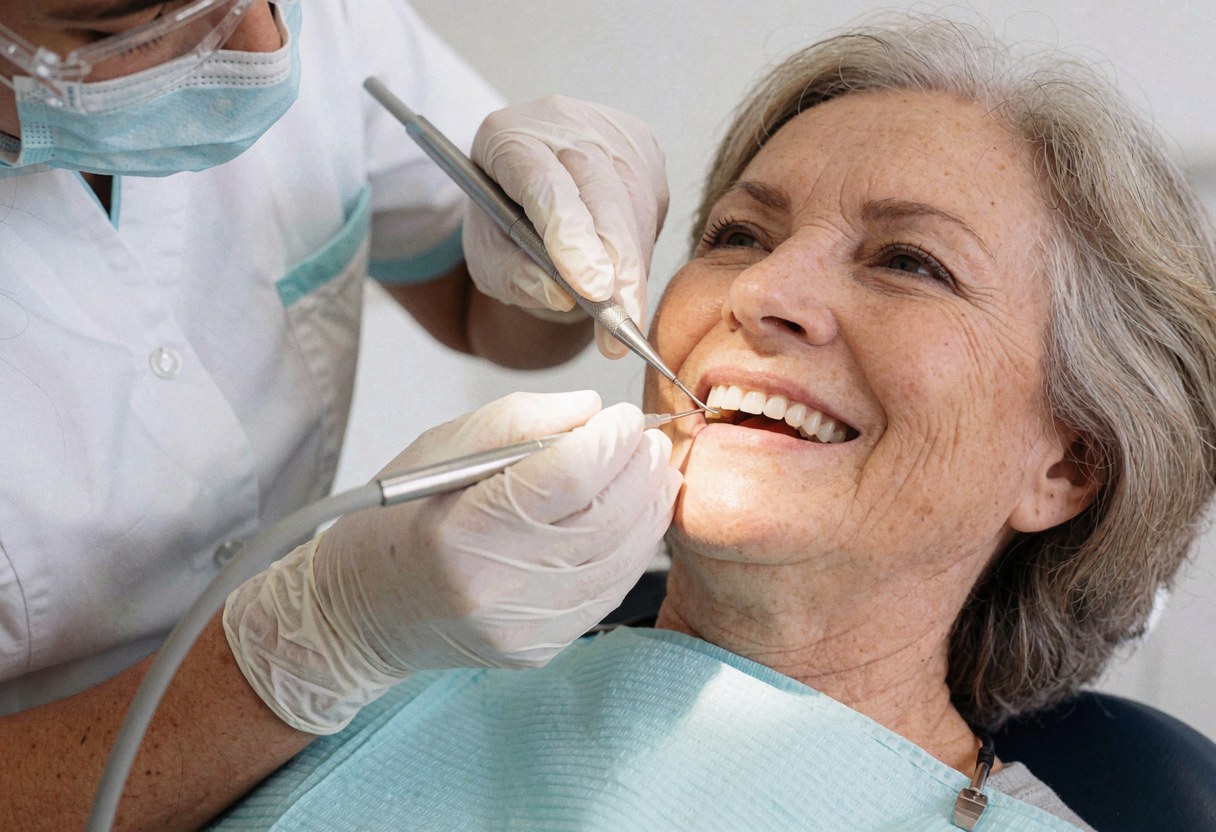 Une hygiéniste dentaire en masque et gants effectue un nettoyage professionnel sur une patiente âgée souriante dans un cabinet lumineux et stérile.