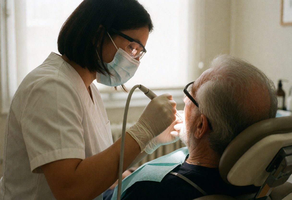 Un dentiste équipé d'un masque et de lunettes réalise une hygiène buccale sur un patient senior dans une clinique au calme.
