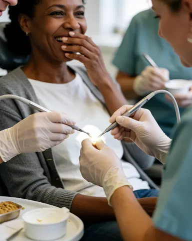 Une patiente sourit en tenant sa main sur la bouche tandis qu'un professionnel réalise un soin avec des instruments et une lampe dans un cabinet clinique lumineux.
