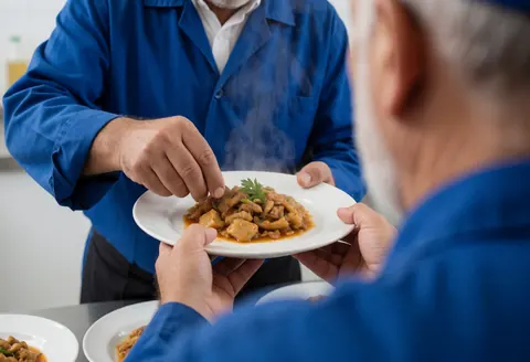 Vue rapprochée d'un plat chaud fumant sur une assiette blanche, prêt à être servi dans un contexte de restauration professionnelle.